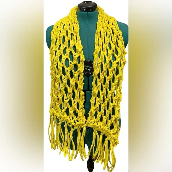 Hand Crafted Yellow Year Round Cotton Knit Chunky Lace Scarf With Tassels - Picture 4 of 5